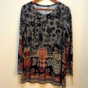 La Madona Tunic Soft Long Sleeve Owl Animal Print Scoop-neck Pullover Top size M